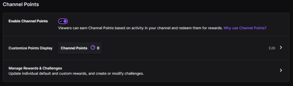 Channel Point Screen where you can enable and customize the rewards.