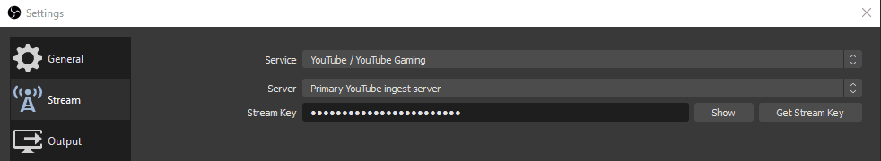 Stream tab in the Settings window for where to place your stream key.