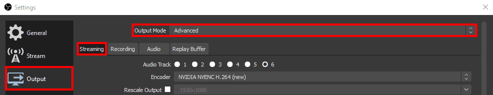Photo of the Output tab with rectangles around Output, Streaming tab, and Output Mode.
