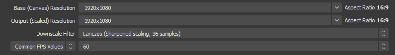 Photo of the Video tabs settings including Base (Canvas) Resolution, Output (Scaled) Resolution, and downscale filter