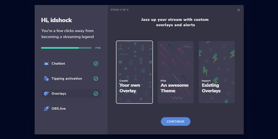 StreamElements Setup Wizard with the Create Your Own Overlay box selected.