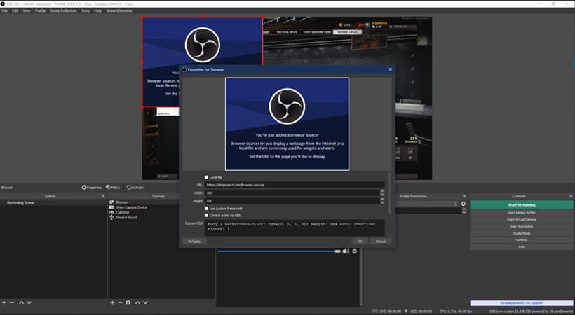 Photo of OBS with the Browser Source Window open.