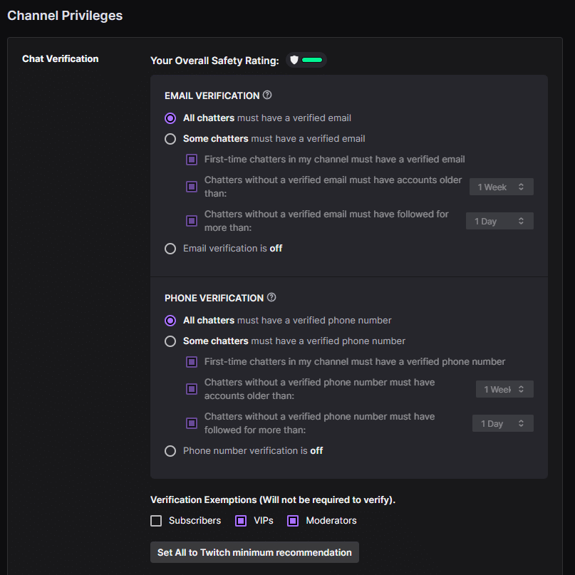 Screenshot of the chat verification window that creators can use to lock down their chats.