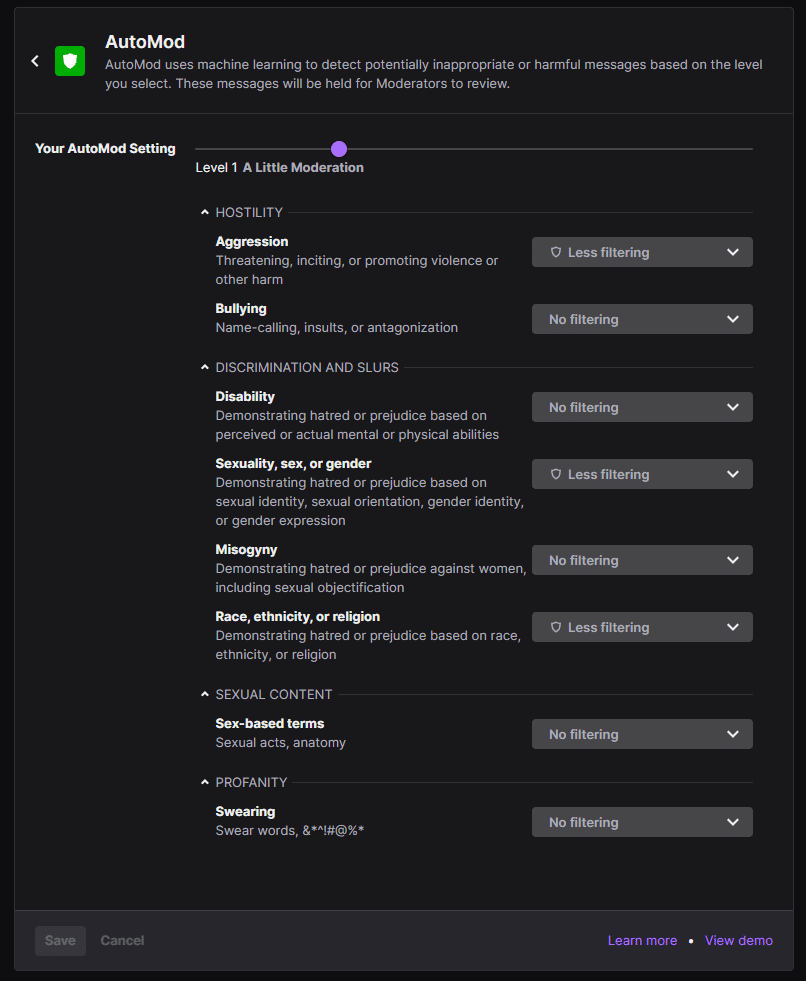 Screenshot of the AutoMod settings window in the Twitch Moderation Dashboard.