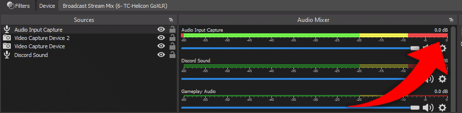 Image shows the OBS audio mixer and how a source is "peaking" in the settings.