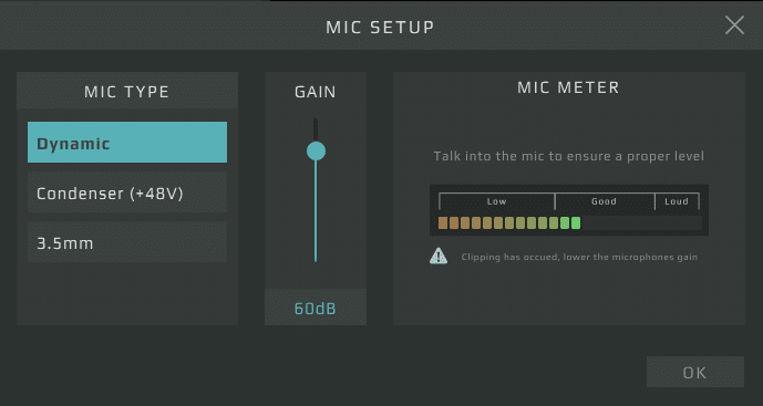 Photo of the GoXLR App interface that shows the Mic Setup box and where to have the levels fall on the Mic Meter.