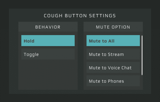Photo of the GoXLR App interface that shows the Cough Button Settings box and the features it has.
