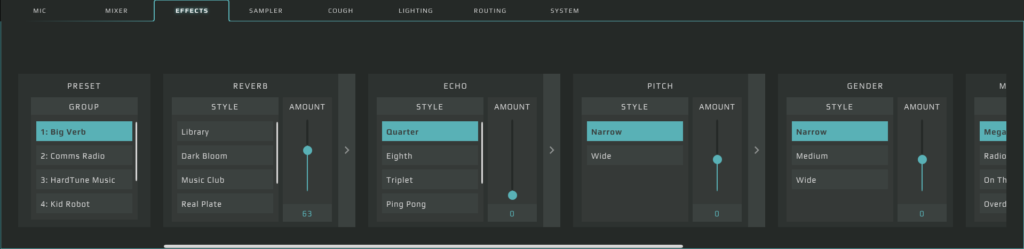Photo of the GoXLR App interface that shows the Effects tab and the features it has.