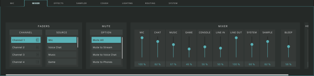 Photo of the GoXLR App interface that shows the Mixer tab and the features it has.