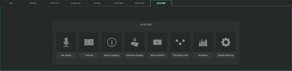 Photo of the GoXLR App interface that shows the System tab and the features it has.