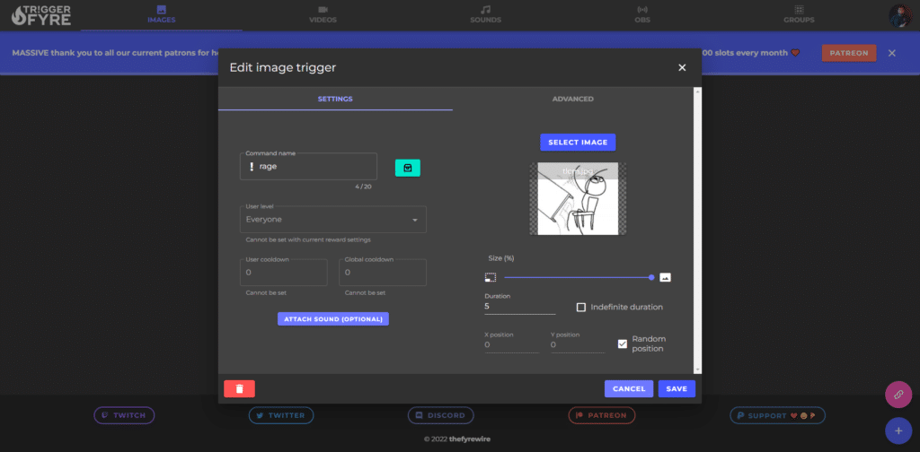 Settings window in Triggerfyre for the image trigger.