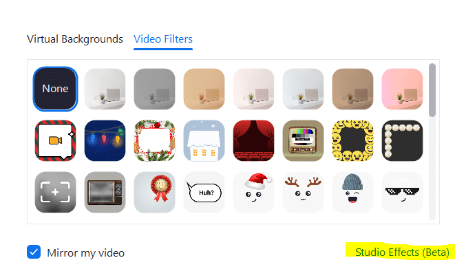 A screenshot of the Zoom Video Filter settings. The Studio Effects area is highlighted in yellow. 