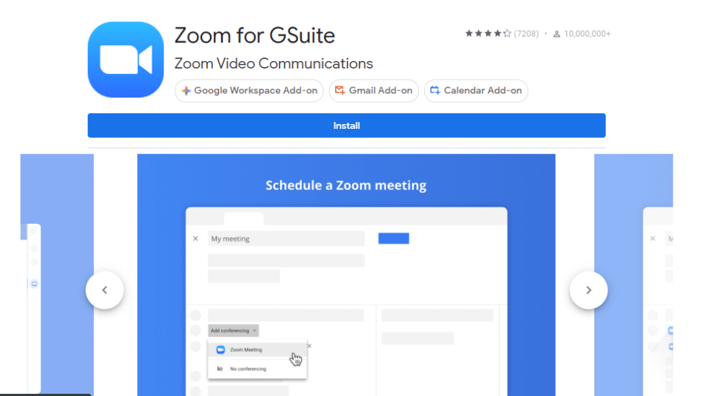 A screenshot of the Zoom for GSuite Marketplace Page 