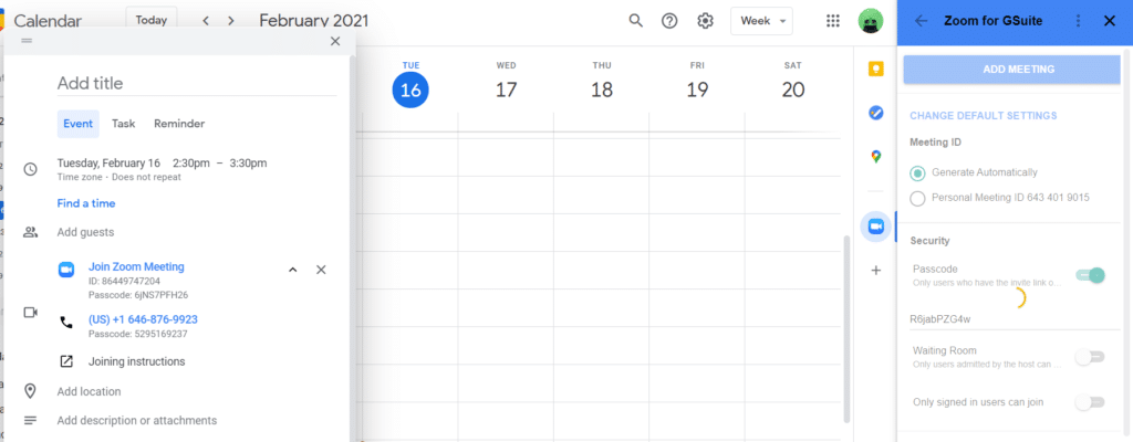 A screenshot showing how to schedule and edit Zoom meeting details on Google Calendar