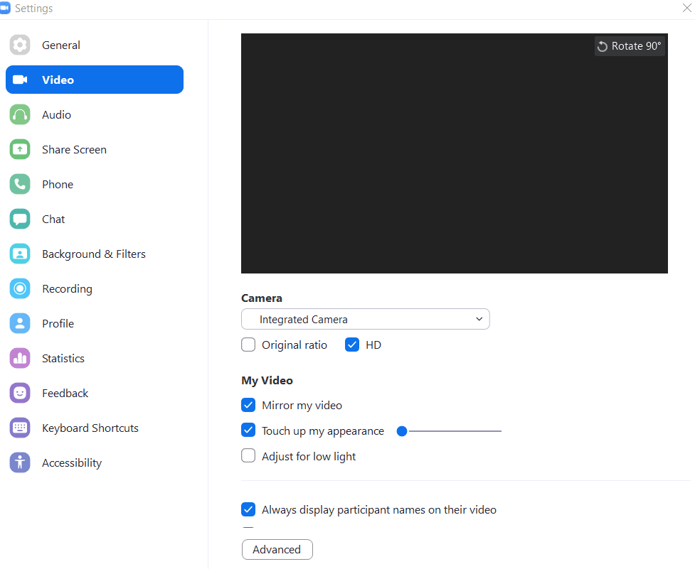 no snap camera option in zoom