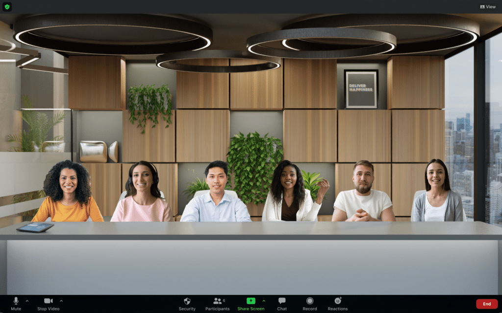 A zoom call with immersive view turned on. All participants are in a board room. 