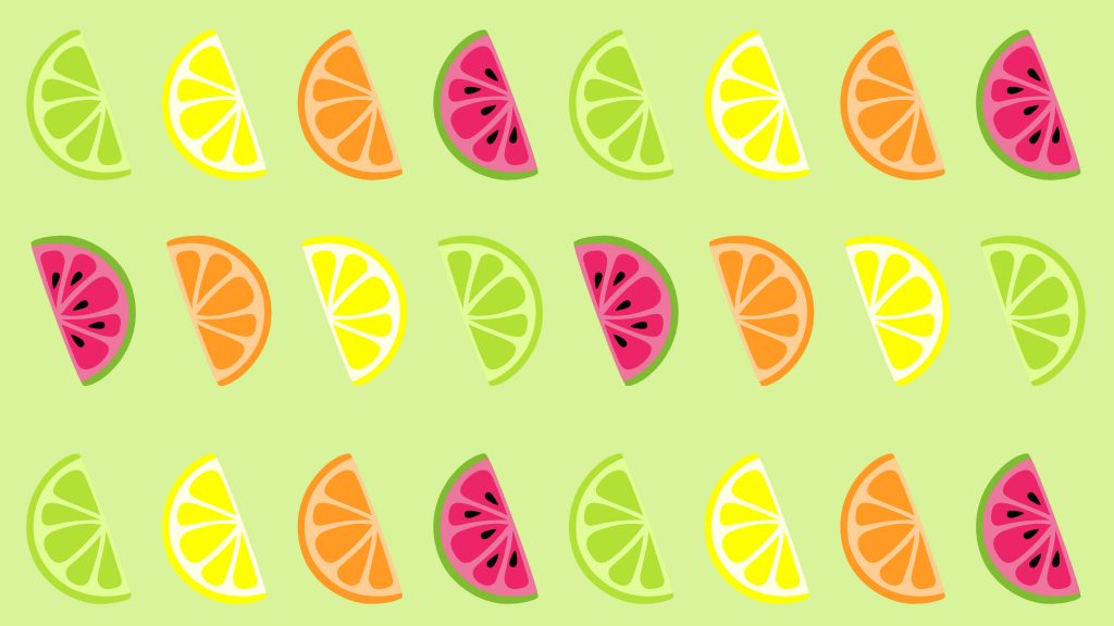 A limegreen background with limes, lemons and watermelon. 